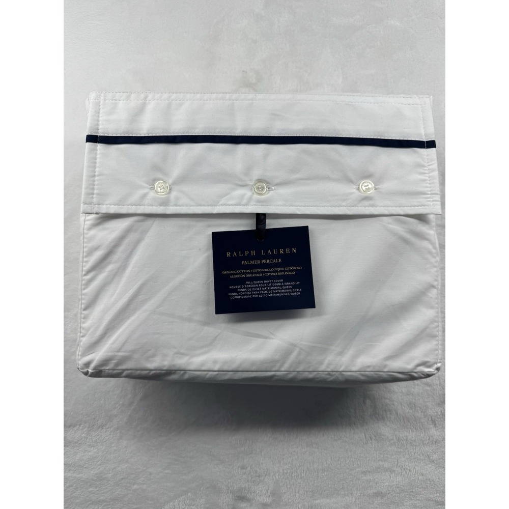 New Ralph Lauren Palmer Percale Full Queen Duvet Cover White &  Navy 100% Cotton